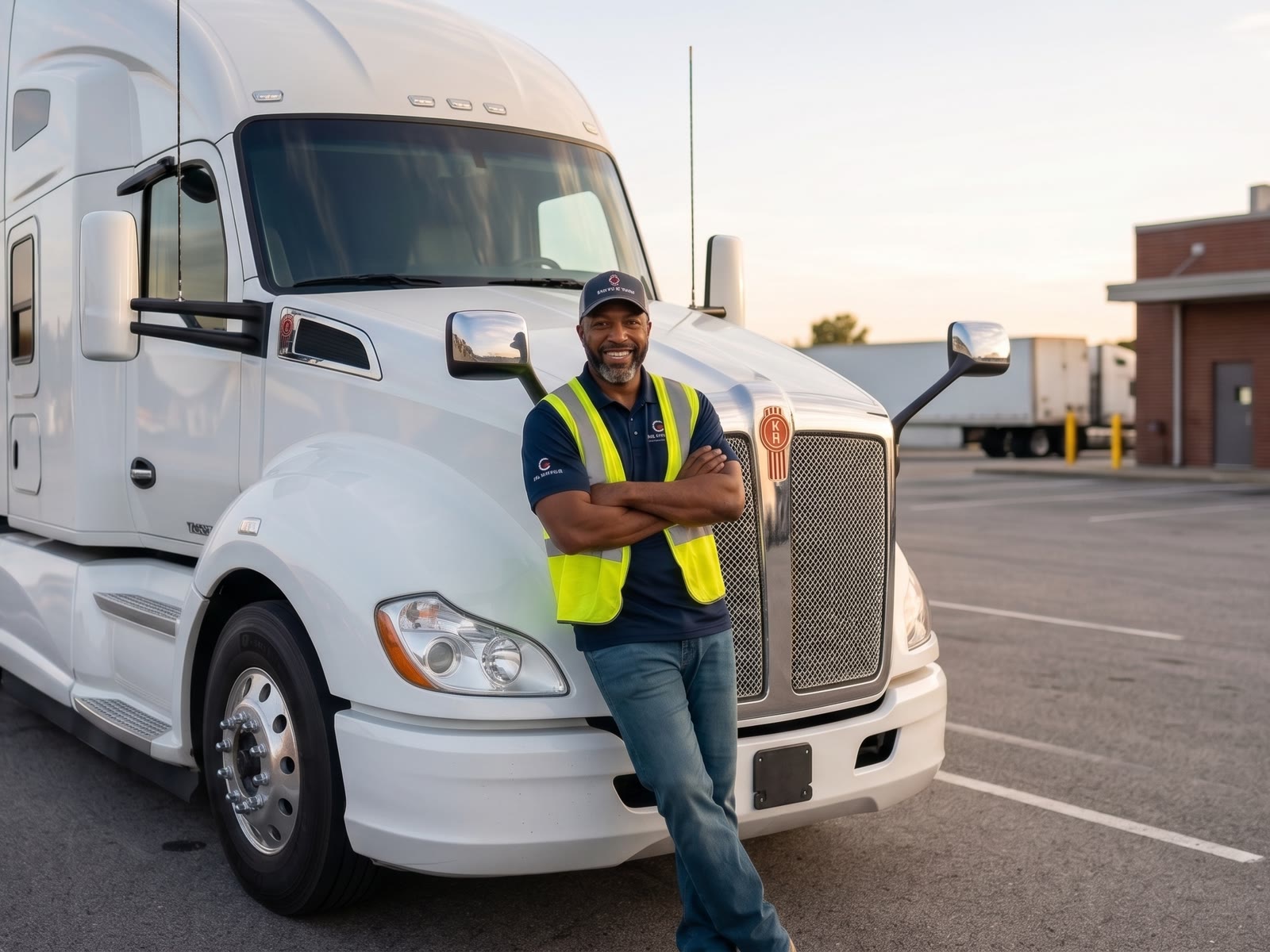 A truck driver standing in front of a white Kenworth tractor.
